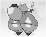 ambiguous_gender anthro big_butt butt clothing holding_melee_weapon holding_object holding_shield holding_sword holding_weapon huge_butt hyper hyper_butt melee_weapon shield shirt solo sword topwear tunic weapon borisalien tunic_(video_game) ruin_seeker canid canine fox mammal 5:4 hi_res monochrome