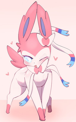 ambiguous_gender blue_eyes blush feral gradient_background heart_symbol looking_at_viewer open_mouth open_smile simple_background smile solo standing yirus9 nintendo pokemon eeveelution generation_6_pokemon pokemon_(species) sylveon 2025 absurd_res hi_res