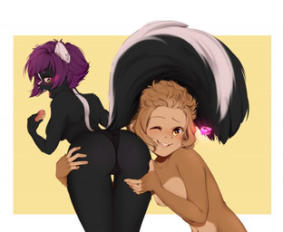 5_fingers amber_eyes anthro belly biped black_body black_clothing black_fur black_nose black_panties black_tail black_underwear blush breasts brown_body brown_fur brown_hair butt camel_toe clothing dessert doughnut duo ear_piercing ear_ring eyebrows eyelashes facial_piercing female female/female fingers food fur glistening glistening_eyes green_eyes hair hand_on_butt heart_symbol holding_doughnut holding_food holding_object multicolored_body multicolored_fur navel nipples nose_piercing one_eye_closed open_mouth panties pastry piercing purple_eyebrows purple_hair ring_piercing septum_piercing simple_background smile standing tail tan_belly tan_body tan_breasts tan_fingers tan_fur teeth tongue two_tone_body two_tone_fur two_tone_tail underwear white_body white_ears white_fur white_tail sonyan haplorhine mammal mephitid monkey primate skunk 2018 digital_media_(artwork) shaded