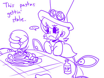 beverage clothing cutlery cybernetics ellipsis eyelashes female food fork frown gloves hair handwear hat headgear headwear kitchen_utensils machine not_furry pasta plate sad soda solo spaghetti speech_bubble text tools captainkirb skullgirls peacock_(skullgirls) cyborg human mammal 4:3 english_text monochrome