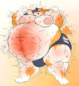 anthro belly belly_inflation big_belly big_muscles bloat bodily_fluids bulge close_to_bursting huge_belly huge_muscles hyper hyper_inflation hyper_muscles imminent_popping implied_popping inflation male muscle_inflation musclegut muscular obese overinflation overmuscle overweight ripping solo splitting sweat vein paytonpaytonpay epic_games fortnite meowscles calico_cat domestic_cat felid feline felis mammal hi_res