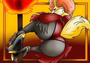 anthro big_butt biped butt butt_focus camel_toe clothed clothing female fire footwear fur gradient_background grey_body hand_on_butt head_turned high_heels looking_at_viewer looking_back multicolored_body orange_body orange_fur panties presenting presenting_hindquarters rear_view red_body red_clothing red_eyes red_fur red_panties red_underwear ring_(jewelry) seductive shoes simple_background skimpy solo stick tail text underwear yellow_body yellow_fur p1aymannx nintendo pokemon rowena_(p1aymannx) delphox generation_6_pokemon pokemon_(species) 2022 absurd_res artist_name colored hi_res