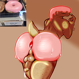 anthro backsack balls big_butt big_tail bodily_fluids butt butt_focus cum dessert doughnut ejaculation eyeless food genital_fluids genitals hands-free humanoid_genitalia humanoid_penis male pastry penis presenting presenting_hindquarters sentient_food smile solo tail teeth text tongue tongue_out parazyte666 1:1 absurd_res hi_res meme