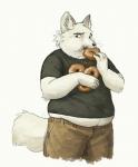 2019 anthro arctic_fox belly belly_overhang black_clothing black_nose black_shirt black_topwear canid canine cettus cheek_bulge chubby_cheeks chubby_face clothed clothing dessert doughnut eating food fox fur love_handles male mammal messy overweight overweight_male pastry puffed_cheeks raised_clothing raised_shirt raised_topwear shaded shirt slightly_chubby soft_shading tail topwear true_fox tuft white_body white_fur white_tail