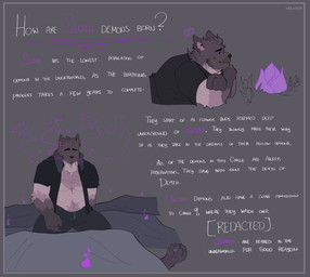 anthro black_clothing black_eyebrows black_eyes black_jacket black_topwear body_hair border bottomwear brown_body brown_ears brown_fur brown_hands brown_head chest_hair clothed clothed_anthro clothed_male clothing eyebrows eyeless fire flower front_view fully_clothed fully_clothed_anthro fully_clothed_male fur gloves_(marking) grey_border grey_bottomwear grey_clothing grey_pants information jacket lying male male_anthro markings multicolored_body multicolored_fur musclegut muscular muscular_anthro muscular_male on_front pants plant purple_flower purple_sclera purple_text side_view sitting smile solo tan_body tan_fur text topwear white_text melaisen amihan_(melaisen) canid canine demon mammal 2022 absurd_res artist_name english_text hi_res story