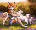 anthro barefoot brown_hair clothed clothing day detailed_background duo feet female feral fur grass hair outside pale_eyes paws pink_nose plant smile white_body white_fur ketty vika_(f-r95) canid canine canis domestic_dog felid feline leopardus mammal margay 2017 digital_media_(artwork)