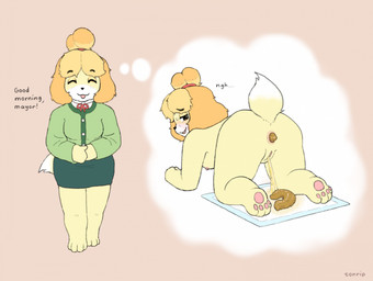 all_fours anthro anus barefoot blush bodily_fluids breasts brown_background brown_eyes butt clothed clothed_anthro clothed_female clothing crowning_feces daydream dipstick_tail ellipsis eyes_closed feces feces_on_ground feces_pile feet female female_peeing female_pooping floppy_ears fur genital_fluids genitals half-closed_eyes looking_back markings narrowed_eyes nipples nude nude_anthro nude_female open_mouth open_smile orange_body orange_fur pawpads paws peeing peeing_on_ground pink_pawpads pooping pooping_on_floor puppy_pad raised_tail scatplay simple_background smile soles solo standing sweat tail tail_markings text thought_bubble toes urine urine_on_ground urine_stream vulva watersports white_body white_fur yellow_body yellow_fur tonrip animal_crossing nintendo isabelle_(animal_crossing) canid canine canis domestic_dog mammal shih_tzu toy_dog artist_name english_text hi_res