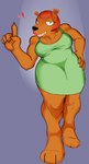 anthro clothing dress female front_view green_clothing green_topwear grin hair lipstick makeup narrowed_eyes orange_body orange_hair smile solo standing topwear enter101 the_cleveland_show arianna_the_bear bear mammal full-length_portrait portrait