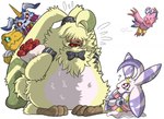 anthro blush bouquet bow_tie embarrassed feathers flower flying fur group hair hair_over_eyes pink_body pink_feathers plant rose_(flower) yellow_body yellow_fur portugueselynx bandai_namco digimon agumon angoramon biyomon digimon_(species) gabumon lunamon