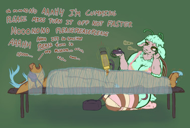 after_orgasm_torture anthro antlers areola areola_slip bdsm bedroom_eyes begging big_breasts blindfold blue_antlers bodily_fluids bondage bound bra breasts brown_body brown_fur cleavage cling_film clothed clothed_female clothing controller crescent_moon cum curvy_figure dominant dominant_anthro dominant_female duo ejaculation eyestalks female floppy_ears fur fur_markings furniture genital_fluids genitals green_body green_fur green_wool hand_on_head heart_eyes heart_symbol holding_controller holding_object honorific hooves horn humanoid_genitalia humanoid_penis laugh leaning leaning_on_another legwear looking_at_another male male/female markings mismatched_genitalia mismatched_humanoid_penis mismatched_penis mistress moan moon mummification narrowed_eyes open_mouth orgasm overstimulation penile penis penis_milking penis_milking_machine restrained restrained_head sadism scut_tail seductive shell short_tail smile stockings struggling submissive submissive_male table tail text thick_thighs underwear voluptuous voluptuous_anthro voluptuous_female wool_(fur) wrapped_up axentooth delilah_(axentooth) raymond_(axentooth) bovid caprine deer gastropod hybrid mammal mollusk new_world_deer sheep snail white-tailed_deer english_text