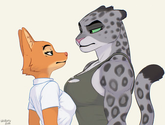 anthro barbell_piercing breast_squish breasts breasts_frottage duo eye_contact eyelashes female female/female long_eyelashes looking_at_another markings muscular muscular_anthro muscular_female piercing size_difference spots spotted_arms spotted_face spotted_markings spotted_shoulders spotted_tail squish standing tail tail_markings tuft uwuwateru dreamworks the_bad_guys diane_foxington kitty_kat_(the_bad_guys) canid canine felid fox mammal pantherine snow_leopard hi_res portrait