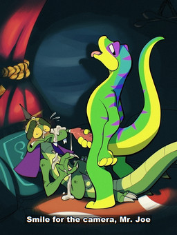 3_toes 4_fingers anthro armor balls blush bodily_fluids breaking_the_fourth_wall caught_in_the_act claws covering covering_crotch covering_penis cum cum_on_face curtains duo fangs feet fingers genital_fluids genitals green_body green_scales headgear helmet humanoid_genitalia humanoid_penis looking_at_viewer lying male male/male on_back penis pillow scales standing surprised sweat tail teeth text toes yellow_sclera yellowluster gex_(series) gex_the_gecko komodo_joe gecko komodo_dragon lizard monitor_lizard reptile scalie 2025 3:4 absurd_res cel_shading digital_media_(artwork) english_text hi_res shaded
