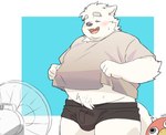 anthro belly blush bulge clothing electric_fan eyes_closed kemono male overweight overweight_male plushie shirt simple_background solo topwear underwear inunoshippo canid canine canis domestic_dog mammal 2024