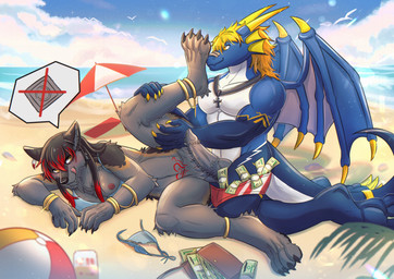 4_toes 5_fingers anklet anthro anthro_on_anthro ball banknote beach beach_ball beach_umbrella big_penis bikini bikini_bottom bikini_top black_body black_fur black_nose blonde_hair blue_body blue_scales bottomless bottomless_anthro bottomless_female bracelet breasts claws clothed clothed_anthro clothed_female clothed_male clothing condom condom_refusal day discarded_bikini_bottom discarded_clothing discarded_swimwear duo erection fangs feet female finger_claws fingers fur genitals gold_(metal) gold_anklet gold_bracelet gold_jewelry grey_body grey_fur hair highlights_(coloring) hindpaw holding_leg horn humanoid_hands imminent_sex inflatable interspecies jewelry kneeling knot knotted_penis licking licking_lips licking_own_lips lying lying_on_ground lying_on_sand male male/female membrane_(anatomy) membranous_wings money money_in_speedo money_in_swimwear multicolored_body multicolored_fur multicolored_scales necklace nipples on_ground on_sand on_side one_breast_out outside parasol partially_clothed partially_clothed_anthro partially_clothed_female partially_clothed_male paws penis prostitution public public_exposure red_highlights sand scales sea sexual_barrier_device smile speedo speedo_down spread_legs spreading swimwear swimwear_down tail teeth toe_claws toes tongue tongue_out topless topless_anthro topless_male two-piece_swimsuit two_tone_body two_tone_fur two_tone_scales unused_condom wallet water white_body white_scales wings womb_tattoo wrapped_condom dbyizhen mythology dragon_enigma inkcloud canid canine canis dragon mammal mythological_creature mythological_scalie scalie wolf story story_in_description