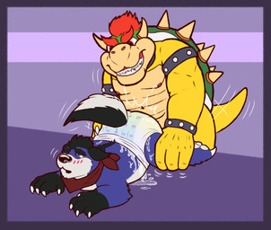anthro bodily_fluids clothed clothing cum cum_in_diaper diaper diaper_humping duo genital_fluids male male/male overweight overweight_male unclean_diaper urine used_diaper wearing_diaper wet_diaper kinkles mario_bros nintendo bowser hux_(qlutch) canid mammal absurd_res hi_res