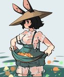 animal_humanoid apron apron_lift black_hair breasts clothed clothing clothing_lift conical_hat female frilly frilly_clothing hair hat headgear headwear hi_res holding_object humanoid lagomorph lagomorph_humanoid leporid_humanoid light_body light_skin looking_at_viewer mammal mammal_humanoid nipple_slip nipples not_furry off_shoulder rabbit_ears rabbit_humanoid short_hair solo spotted_ears standing tan_hat tan_headwear translucent underwear wardrobe_malfunction water wearing_hat wet wide_brim_hat yellow_eyes zako