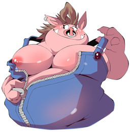anthro belly big_belly big_breasts breasts ear_piercing ear_ring facial_piercing female huge_belly huge_breasts low-angle_view multiple_piercings nipples nose_piercing nose_ring one_breast_out overweight overweight_anthro overweight_female piercing pink_body pink_skin ring_piercing simple_background solo unzipped unzipping white_background zipper chibineco dreamworks the_bad_guys pigtail_(the_bad_guys) mammal suid suine sus_(pig) wild_boar 2026 hi_res