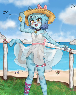 5_fingers accessory adolescent adolescent_anthro ambiguous_anthro ambiguous_gender anthro areola arm_markings bangs beach bell bell_collar biped black_eyebrows blue_body blue_fur blue_hair blue_markings blue_sky blue_stripes blush blush_lines blushing_at_viewer bow_(feature) breasts chest_tuft cliff clitoris clothed clothing cloud collar countershade_face countershade_fur countershade_neck countershade_torso countershading day dress exhibitionism eyebrow_through_hair eyebrows eyelashes female female_adolescent female_anthro fence fingerpads fingers flesh_fang front_view fur fur_markings fur_tuft furgonomic_hat furgonomic_headwear furgonomics genitals glistening glistening_eyes gradient_hair grass group hair hair_accessory hairclip happy hat headgear headwear horizon humanoid_genitalia humanoid_hands humanoid_vulva ineffective_clothing iris leg_markings legband lens_flare long_tail looking_at_viewer markings medium_hair multicolored_body multicolored_fur nipples no_bra no_underwear off_shoulder open_mouth open_smile outside pawpads pink_areola pink_blush pink_clitoris pink_nipples pink_nose pink_pawpads pink_tongue plant pose pupils purple_collar sea seaside shoulder_markings sky slim slim_anthro slim_female small_breasts smile smiling_at_viewer solo_focus standing straw_hat striped_body striped_fur striped_markings striped_tail stripes sundress tail tail_markings tan_hat tan_headwear thigh_markings thighband tongue translucent translucent_clothing translucent_dress translucent_hair tuft vulva water white_body white_breasts white_clothing white_countershading white_dress white_fur white_sclera white_tuft yellow_eyes young young_anthro young_female mintybeans background_character lyn_(mintybeans) ambient_bird ambient_flier domestic_cat felid feline felis mammal 4:5 english_description hi_res pinup portrait shaded three-quarter_portrait