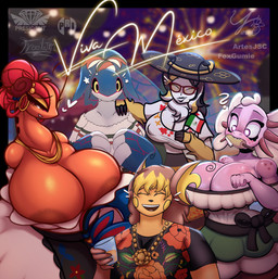 anthro areola areola_slip armless big_breasts black_hair blonde_hair blue_body breasts brown_hair clothing corn dia_de_la_indepencia_de_mexico dress female fireworks food freckles group hair hat headgear headwear heart_symbol holding_glass holding_object huge_breasts logo looking_at_viewer mexican_flag mexico nipple_outline orange_body pink_body plant question_mark red_hair tail text thick_thighs white_body white_hair yellow_body yellow_eyes artesjsc foxgumie presialexander vool_jin_cortes independence_day_(mexico) institutional_revolutionary_party_(mexico) microsoft minecraft mojang nintendo pokemon xbox_game_studios akiko_sparkshift kyu_(artesjsc) mila_(president_alexander) amphibian aquatic arthropod axolotl bee generation_1_pokemon generation_3_pokemon humanoid hymenopteran insect kyogre legendary_pokemon milotic mole_salamander pokemon_(species) raichu salamander 2025 absurd_res artist_collaboration artist_logo artist_name hi_res signature spanish_text