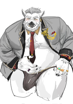 anthro balls beard bodily_fluids bulge clothed clothing erection_under_bottomwear eyebrows facial_hair genital_fluids genitals jewelry male necktie partially_clothed precum precum_through_clothing ring_(jewelry) slightly_chubby solo teasing tenting topwear underwear vest wet wet_clothing popcornduck2 lifewonders tokyo_afterschool_summoners y'golonac_(tas) mammal suid suine sus_(pig) wild_boar hi_res