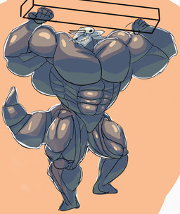 abs anthro barazoku big_muscles big_pecs black_body holding_object horn huge_muscles huge_pecs hyper hyper_muscles hyper_pecs male muscular muscular_anthro muscular_male nude nude_male pecs simple_background solo tail text buff_fox nintendo pokemon aggron generation_3_pokemon pokemon_(species) digital_media_(artwork) hi_res