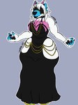 big_breasts blue_body blue_fur breasts chain clothing dress eye_covering fur gold_(metal) gold_chain gynomorph herm intersex larger_intersex pink_body pink_fur priest priest_robes size_difference thick_thighs white_body white_fur galvanian mythology alex_wilde canid canine canis deity mammal mythological_canine mythological_creature werecanid werecanine werecreature werewolf wolf 3:4 hi_res