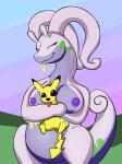 anthro big_breasts breasts cuddling duo female fur hug nipples slime tail thick_tail yellow_body yellow_fur maltaur mythology nintendo pokemon dragon generation_1_pokemon generation_6_pokemon goodra mammal mythological_creature mythological_scalie pikachu pokemon_(species) rodent scalie 3:4 hi_res