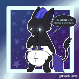 3_toes abstract_background ambiguous_gender anthro barefoot beak beak_closed big_diaper biped black_beak black_body black_fur black_tail black_tail_tuft blue_eyes clean_diaper clothed clothed_ambiguous clothed_anthro clothing crescent_moon dialogue diaper empty_eyes feet fur glowing glowing_eyes handpaw hat headgear headwear hindpaw holding_object holding_pillow moon mouth_closed narrowed_eyes nightcap paws pillow purple_clothing purple_hat purple_headgear purple_headwear purple_inner_ear semi-anthro solo speech_bubble standing star_symbol tail tail_tuft text toes topless topless_ambiguous topless_anthro tuft wearing_diaper white_diaper worried young young_ambiguous young_anthro poofpaws deadlock_(game) mythology valve rem_(deadlock) avian chimera dream_creature gryphon mythological_avian mythological_creature 1:1 2026 english_text hi_res