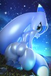 blue_hair butt female glowing hair looking_at_viewer solo coel3d palworld pocketpair alien humanoid lunaris_(pal) pal_(species) 2:3 3d_(artwork) absurd_res digital_media_(artwork) hi_res