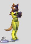 anthro black_nose brown_body brown_fur brown_hair chest_tuft clipboard clothed clothing female flat_chested fur grey_background hair holding_clipboard holding_object looking_up open_mouth simple_background solo tuft yellow_clothing yellow_eyes scottderg freefall_(webcomic) florence_ambrose bowman's_wolf canid canine canis mammal red_wolf wolf 2021 hi_res