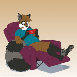 4_toes 5_fingers anthro black_body black_claws black_fur black_nose blue_clothing blue_shirt blue_t-shirt blue_topwear bottomless bottomless_male brown_background brown_body brown_fur brown_hair casual_exposure cheek_tuft chin_tuft claws clothed clothing crossed_legs eye_markings facial_markings facial_tuft feet fingers fluffy fluffy_tail fur gloves_(marking) gradient_background grey_body grey_fur grey_inner_ear grey_pawpads hair head_markings heterochromia holding_switch knee_tuft leg_markings leg_tuft logo long_tail male markings pawpads pink_tongue plantigrade reclining_chair shadow shirt shirt_only simple_background slightly_chubby socks_(marking) solo striped_markings striped_tail stripes t-shirt t-shirt_only tail tail_markings text toe_claws toes tongue tongue_out topwear topwear_only tuft white_background white_body white_fur jayheartwing nintendo nintendo_switch beeton mammal procyonid raccoon 1:1 2025 artist_logo hi_res signature url