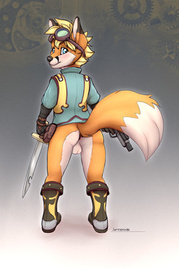 anthro anus backsack balls blue_eyes bottomless butt clothed clothing eyewear_on_head genitals holding_object holding_weapon looking_at_viewer looking_back male multicolored_ears perineum rear_view solo standing two_tone_ears two_tone_tail weapon jamesfoxbr tycloud canid canine fox mammal absurd_res digital_media_(artwork) full-length_portrait hi_res portrait shaded