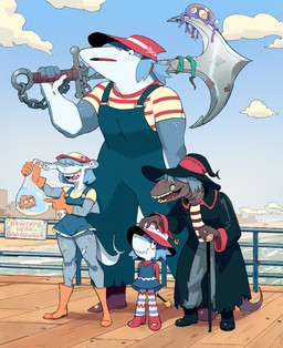 anthro clothing female group pattern_clothing pattern_shirt pattern_topwear shirt striped_clothing striped_shirt striped_topwear stripes tail topwear newtype_hero aquatic carpet_shark chlamydoselachid fish frilled_shark ground_shark hammerhead_shark hexanchiform shark whale_shark absurd_res hi_res