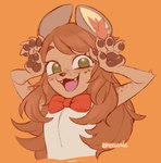 anthro black_nose blush bow_tie brown_body brown_fur brown_hair clothing female fingerpads fur green_eyes hair looking_at_viewer orange_background pawpads shirt simple_background smile solo topwear white_clothing white_shirt white_topwear young young_female indigo_cho canid canine canis domestic_dog mammal 2019 digital_media_(artwork) half-length_portrait hi_res portrait