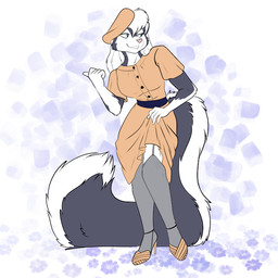 anthro black_body black_fur blue_eyes breasts clothed clothed_female clothing female footwear fur hair hat headgear headwear high_heels legwear pink_nose shoes solo thigh_highs white_hair foxenawolf genevieve_d'argent mammal mephitid skunk 1:1