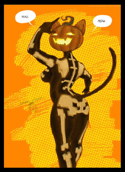 anthro big_butt black_border border breasts butt dialogue eyelashes female food for_a_head fruit jack-o'-lantern looking_at_viewer looking_back looking_back_at_viewer open_mouth open_smile orange_background plant pumpkin simple_background skeleton_costume smile solo speech_bubble text thick_thighs wide_hips majorlyeclipsed epic_games fortnite spice_(fortnite) domestic_cat felid feline felis mammal object_head hi_res