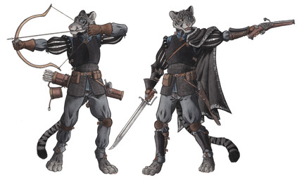 4_toes anthro armor arrow_(weapon) barefoot barely_visible_pawpads belt biped black_body black_fur blue_eyes bow_(weapon) breastplate brigandine claws cloak clothing couter digitigrade drawing_bowstring feet female finger_claws flintlock_pistol fur gauntlets gloves greaves grey_body grey_fur gun handgun handwear heterochromia holding_gun holding_handgun holding_melee_weapon holding_object holding_pistol holding_ranged_weapon holding_sword holding_weapon male markings melee_weapon messer_(sword) monotone_background multicolored_body multicolored_fur pawpads paws pink_pawpads pistol pouch_(clothing) puffed_sleeves quiver_(object) ranged_weapon scabbard simple_background solo spots spotted_body spotted_fur striped_body striped_fur stripes sword toe_claws toes weapon wheellock white_background white_body white_fur yellow_eyes 0laffson jade_(xanderh) felid hybrid jaguar mammal pantherine tiger 2025 hi_res traditional_media_(artwork)