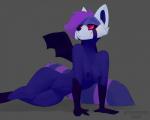 anthro barely_visible_genitalia bat_wings breasts female fur genitals hair membrane_(anatomy) membranous_wings navel nipples pink_eyes purple_body purple_fur pussy solo wide_hips wings togaed mammal procyonid raccoon 2019