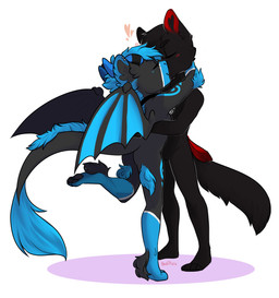 anthro chibi duo female fur hair heart_symbol horn hug male male/female nude smile standing tail tail_tuft tuft wings redpixie mythology canid canine canis dragon hybrid mammal mythological_creature mythological_scalie scalie wolf hi_res