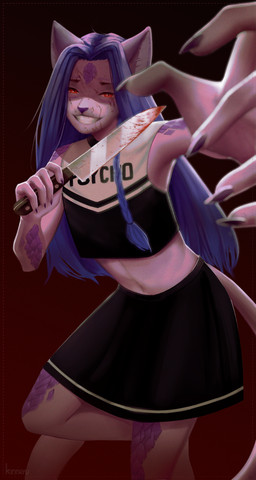 anthro black_background blood blood_on_face blood_on_knife blue_hair bodily_fluids bottomwear clothed clothing crazy_eyes crop_top crossdressing crossdressing_male femboy fur gradient_background grin grinning_at_viewer hair holding_knife holding_object insane knife long_hair male purple_body purple_fur purple_scales red_background scales shirt simple_background skirt smile smiling_at_viewer solo standing topwear kinneru mythology domestic_cat dragon felid feline felis hybrid mammal mythological_creature mythological_scalie scalie hi_res