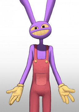 anthro clothed clothing gloves handwear looking_at_viewer male overalls simple_background smile solo standing teeth nyeong glitch_productions the_amazing_digital_circus jax_(tadc) lagomorph leporid mammal rabbit digital_media_(artwork) hi_res