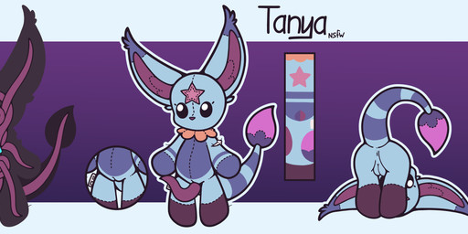 animal_genitalia animal_penis anthro black_nose blue_body female genitals looking_at_viewer looking_back markings multicolored_body penis pink_body plushie plushophilia purple_body simple_background solo star_(marking) tail tentacles voodoo voodoo_doll vulva jaynt tanya_(emothebunny) absurd_res hi_res model_sheet