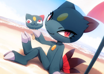 2_claws 2_fingers 2_toes ambiguous_gender beach beach_umbrella biped blue_body blue_ears blue_fur character_popsicle claws crossed_legs day dutch_angle eyelashes feet feral finger_claws fingers food fur gumball_(candy) holding_food holding_object holding_popsicle looking_at_viewer outside parasol popsicle red_ears red_eyes red_tail sand sea semi-anthro sitting sitting_on_ground smile smiling_at_viewer solo summer tail toe_claws toes water pooding nintendo pokemon generation_2_pokemon pokemon_(species) sneasel 2020 colored digital_media_(artwork) digital_painting_(artwork) hi_res painting_(artwork)
