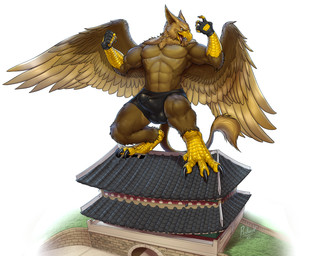 5_fingers abs anthro balls balls_outline beak biceps biped brown_body brown_fur building building_destruction bulge claws clothed clothing crush destruction detailed_bulge erection erection_under_clothing feathered_wings feathers feet finger_claws fingers fur genital_outline genitals humanoid_genitalia humanoid_penis macro macro_anthro male muscular muscular_anthro muscular_male nude open_mouth outside pecs penile penis penis_outline sky smile solo standing_on_building tail tenting toe_claws toes underwear wings rollwulf mythology carpo avian gryphon mythological_avian mythological_creature hi_res