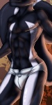 abs abstract_background anthro biped black_body black_fur bulge clothed clothing fur male nipples raised_tail skimpy smile solo standing tail topless underwear white_body white_fur zipper zipper_underwear lady_snakebite contessaskunk duke_trueheart mammal mephitid skunk 1:2 hi_res