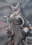 4_fingers abstract_background anthro black_lips bottomwear claws clothing finger_claws fingers fur grey_body grey_fur holding_object holding_sickle holding_weapon inner_ear_fluff lips looking_at_viewer male open_mouth pants poncho red_eyes scabbard sharp_teeth sickle smile solo standing tail teeth torn_clothing tuft weapon white_body white_fur white_tail wraps wrist_wraps 0laffson dreamworks puss_in_boots_(franchise) death_(puss_in_boots) canid canine canis mammal wolf 2023 dated hi_res painting_(artwork) signature traditional_media_(artwork) traditional_painting_(artwork) traditional_watercolor_(artwork) watercolor_(artwork)