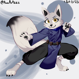 anthro barefoot claws clothed clothing feet female finger_claws fur grey_body grey_fur leg_wraps looking_at_viewer solo tail text toe_claws wraps wolno dreamworks kung_fu_panda zhen_(kung_fu_panda) canid canine corsac_fox fox mammal true_fox 1:1 2023 artist_name dated hi_res