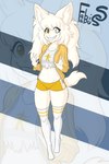 2022 2:3 absurd_res anthro bottomwear clothing crazy_eyes crazy_smile digital_media_(artwork) domestic_cat fabius_fabis felid feline felis female fluffy fluffy_ears fluffy_tail footwear fur hair hi_res hoodie legwear mammal navel nyoolia pattern_background pigtails pupils raised_tail shorts simple_background socks solo striped_background stripes symbol_on_topwear tail thigh_highs topwear white_body white_clothing white_ears white_fur white_hair white_topwear yellow_bottomwear yellow_clothing yellow_hoodie yellow_shorts yellow_topwear