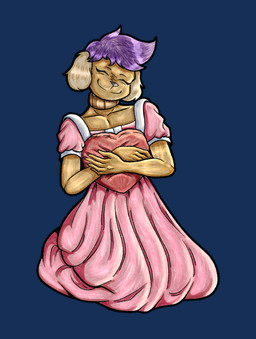 anthro bent_legs clothed clothing collar dress ears_down eyes_closed female hair heart_symbol holidays hug pivoted_ears purple_hair sitting smile smiling_at_viewer solo ajicitoart valentine's_day hannah_(heriisgay) canid canine mammal alpha_channel hi_res