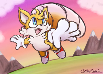 5_fingers anthro blue_eyes cheek_tuft chest_tuft clothing cloud facial_tuft fingers flying footwear fox_ears fur gloves grassland handwear happy head_tuft male mountain open_mouth open_smile orange_body orange_fur red_clothing red_footwear red_shoes shoes smile solo sunset teeth tongue tuft white_body white_fur psykwol sega sonic_the_hedgehog_(series) miles_prower canid canine fox mammal